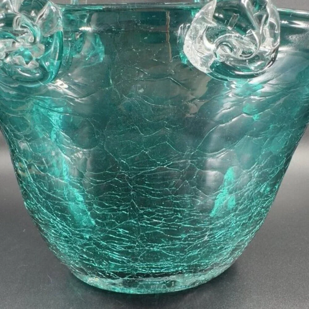 Hand Blown Green Crackle Glass Purse Shape Vase Glassware Decor‎ Clear Handles